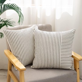 Farmhouse Pillow Covers 26x26, Modern Accent Square Throw Pillow Covers Set of 2, Black and Beige Striped Patchwork Linen Decorative Pillows Cushion Covers for Couch Chair Bedroom Fall Decorations