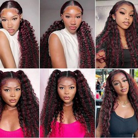 Suhkrpt Hair Fb99J Bundles Highlight Deep Wave Human Hair Bundles Two Tone Ombre Burgundy Bundles Human Hair 3 Bundles 14 14 14 Inch Wine Red Deep Wave Bundles