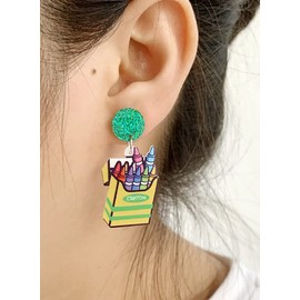 Teachers Appreciation Day Earrings Pencil Crayon Boxes Colorful Acrylic Drop Dangle Earring Cute Funny Back To Teacher Jewelry Gifts (Crayon)