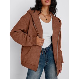 Trendy Queen Zip Up Hoodies for Women Acid Wash Oversized Sweatshirts Fall Cute Y2k Clothes Winter Jackets Vintage Streetwear, Brown, S