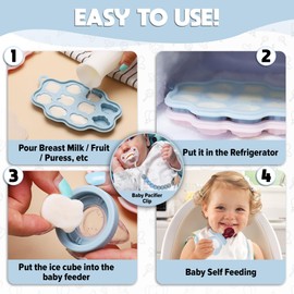 Set 1 : O’doe Silicone Baby Popsicle Molds & 1 Baby Food Feeders with 1 Clip, 1-Pack Freezer Tray with Lid, 10-Hole Popsicle Molds for Teething Relief, Includes 3 Extra Pacifiers, BPA Free (Blue)
