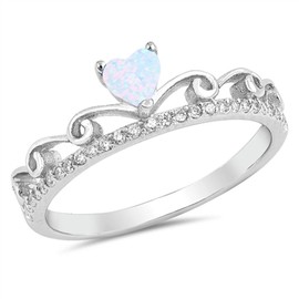Clear CZ White Simulated Opal Heart Tiara Ring .925 Sterling Silver Band Size 8
