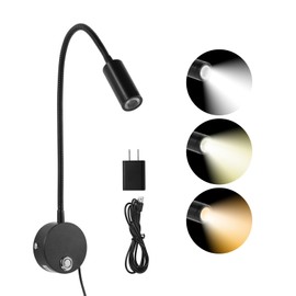 FORHIZHOM Reading Light for Bed, Wall Mounted Reading Lights with 15" Flexible Gooseneck, Touch Control, 3 Colors Temperature and Stepless Dimmable, Plug in Headboard Bedside Light(1 Pack)