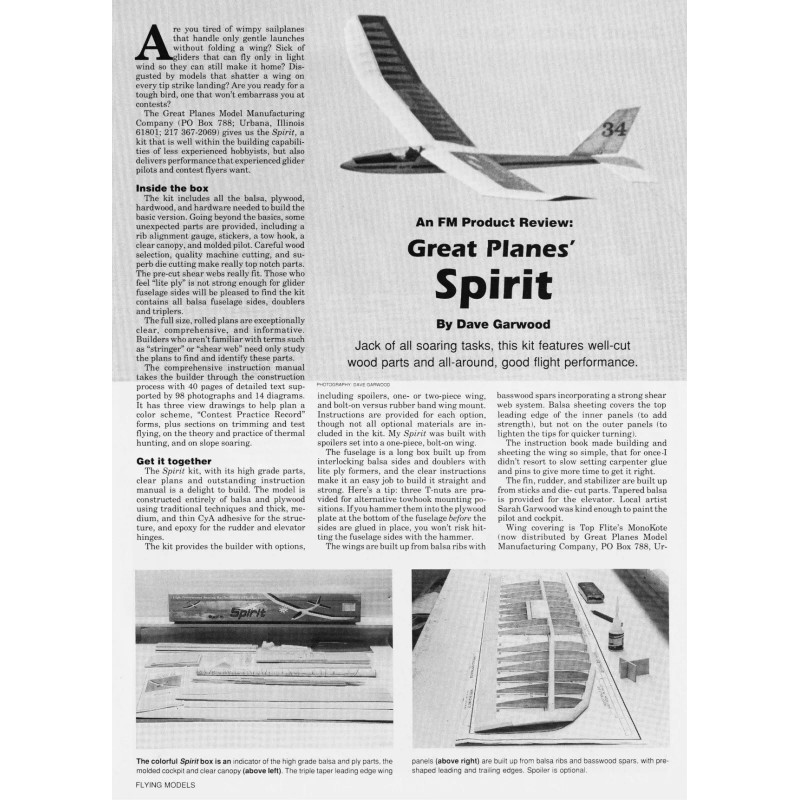 Great Planes Model Airplane Plans (RC): SPIRIT 2M (78") Sailplane/Glid