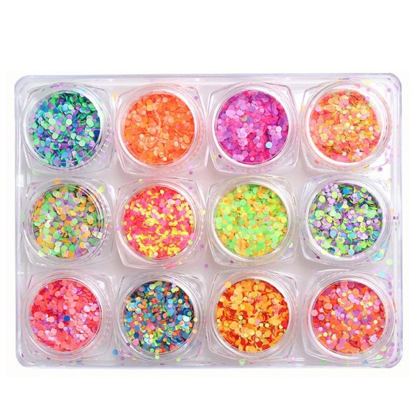 WOKOTO Mixed Colors Iridescent Flakes Nails Round Colorful Nail Glitter Sequins Decals 3D Nail Art Decorations 12 Boxes Set