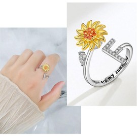 VYYU Fidget Ring with Beautiful Sunflower & Initial Letter ABC to XYZ - You are My Sunshine Anxiety Relief Stress Open Rings | Reliever Spinner Stress Relief Sunflower Gifts for Women Wife Daughter, F