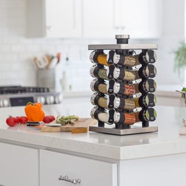 Orii 20 Jar Spice Rack with Spices Included - Tower Organizer for Kitchen Spices and Seasonings, (Silver Black)