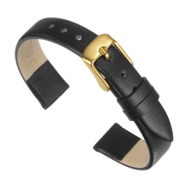 QUARKZMAN Black Genuine Leather Bracelet 18mm Wide Flat Thin Elegant Leather Bracelet with Gold Buckle for Men and Women