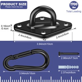 Feanron Hammock Hooks 2 Pack, Heavy Duty Hammock Hanging Kit, M10 304 Stainless Steel Pad Eye Hanging Hooks for Porch Swing Hang, 1700Lbs Holding Capacity,Black