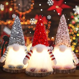 SOZOMO 3 PCS gnomos de Navidad de Lentejuelas con luz,muñeco de Peluche de Papá Noel Sueco, Papá Noel suecos Hechos a Mano de 11.8 Pulgadas con Sombre