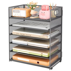Subekyu 6 Tier Paper Organizer for Desk with Handle, Metal Mesh Desk Office File Folder Paper Letter Tray Accessories Organizer Sorter for Home, School, Office Desktop Document Organization - Gray