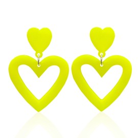 WLL Love Heart Earrings for Women 80s Neon Acrylic Double Heart Dangle Stud Earrings Statement Jewelry Gift for Party (Yellow)