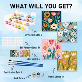 Bowetile 4 Pack Flowers Framed Paint by Numbers for Adults Children, Painting by Numbers Kit for Adults, Beginners Canvas Kits, DIY Acrylic Pigment Drawing Paintwork for Home Decor, 20x20 cm