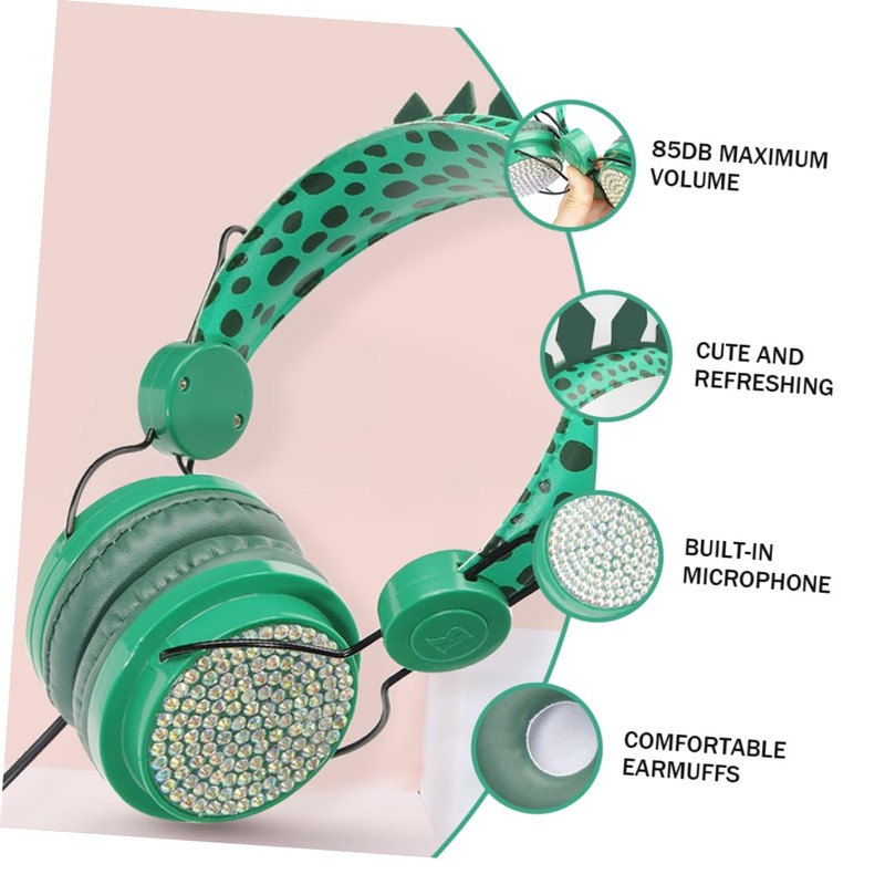 TEHAUX Rhinestone Dinosaur Headset with Mic Comfortable Over Ear Headphones