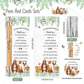 Zhanmai 50 Sets Woodland Animals Baby Shower Favors Include Bamboo Pens and Baby Shower Thank You Cards Cable Ties Woodland Decoration Gender Reveal for Guest Game Prizes Party Favors