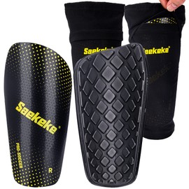 Saekeke Football Shin Pads with Socks for Children/Teenagers/Adults, Lightweight, Comfortable Cushioning, Football Shin Protection, Improved Version FE2201 Black-XL