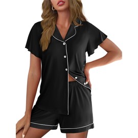 Ekouaer Pajamas for Women Set Button Up Pjs Ruffle Sleeve Sleepwear Notch Collar Bride Soft Pj Lounge Sets Black S