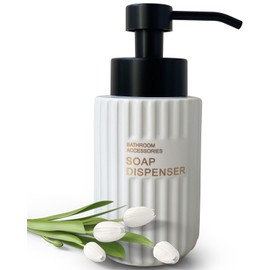 11.5 Oz Foaming Soap Dispenser for Bathroom,Kitchen Foam Soap Dispenser,Refillable Modern Foam Pump Bottle,Black Ceramic Foaming Hand Pump Dispenser (White Stripe)