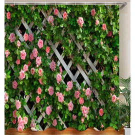 JOOCAR Design Shower Curtain, Rustic Decor Rosemary Roses Flower on Fence, Waterproof Cloth Fabric Bathroom Decor Set with Hooks