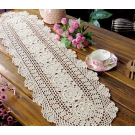 Lelefly Cotton Handmade Crochet lace Table Runners Oval Tablecloth Doilies Doily Table Dresser Scarf Décor,12x31Inch,Beige