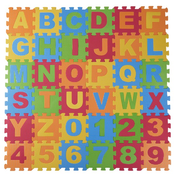 DIMPLE Baby Foam Play Mat (36-Piece Set) 6.25 x 6.25 Inches Interlocking Alphabet and Numbers Floor Puzzle Colorful EVA Tiles Girls, Boys Soft, Reusable, Easy to Clean by, DC12703L