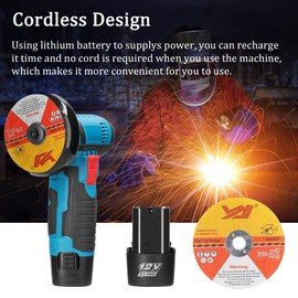 Angle Grinder, Geevorks Grinders Power Tools 12 V Handheld Portable Electric Grinder Machine with 2 Cutting Disc/2PCS 1300mAh Battery, Blue