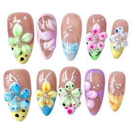 Handmade Press-On Nails 3D Floral Acrylic Almond Fake Nails Artistic Flower desgin Stick-On Nails Reuseable False Nails for Women and Girls (Floral, S)