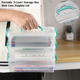 BTSKY 3 Layers Cute Dolphin Clear Plastic Pencil Box - Multipurpose Pencil Case Craft Storage Containers with Lid & Handle, Easy Carry & Stack Crayon Boxes Office Supplies Storage Organizer, Green