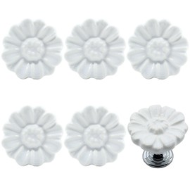 Unlorspy 6Pcs Daisy Dresser Knobs 35mm/1.38 Inch Dia Vintage Floral Ceramic Drawer Knob Pulls with Screws for Cabinets (White)