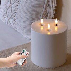 6" x 6" Extra Large Outdoor Waterproof Flameless Candle with 3 Wick, White Plastic Battery Operated LED Candle with Remote and Timer, Flickering Fake Pillar Candles for Garden Patio Porch Home Party