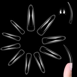 NOVO OVO 500 pcs Extra Long Curved Stiletto Nail Tips, XXL 2XL Sharp False Nails Extension for Acrylic, Clear Hawk Curve Eagle Claw Half Cover Gel x 10 Sizes Bag Packaging for Salon