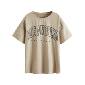 SOLY HUX Women's Graphic Oversized Tees Letter Print Summer Tops Vintage Half Sleeve Loose Casual T Shirts Beige/Black L