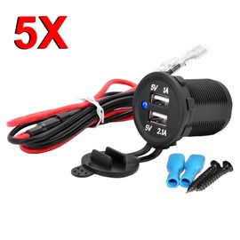 MMOBIEL Pack of 5 Universal Waterproof Dual USB Charger Blue LED Indicator Power Outlet Socket 12V-24V output 5V 2.1A High Speed Charger