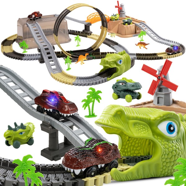 TUMAMA Dinosaur Toys Race Track, 255 PCS Create A Dinosaur