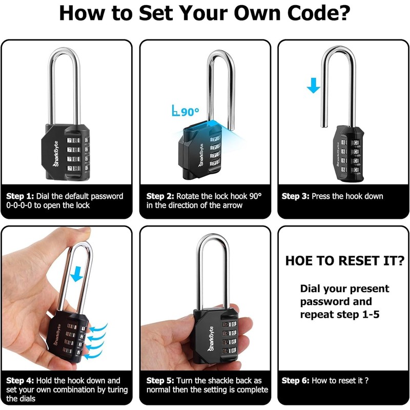 SharkByte Combination Padlock [2.6" Long Shackle] 4-Dial Heavy Duty Combination