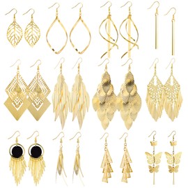 ASH'S CHOICE 12 Pairs Gold Drop Earrings for Women Girls Various Hook Earrings Boho Set, Round/Prism/Feather/Chain/Wave Twist Single/Flower/Heart/Leaves/Long/Fringe Earrings, 1