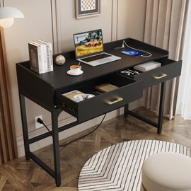 WESTREE Makeup Vanity Desk with Backboard Power Outlet, Computer Gaming Desk with 2 Drawers, Modern Writing Desk for Office, Bedroom, Black