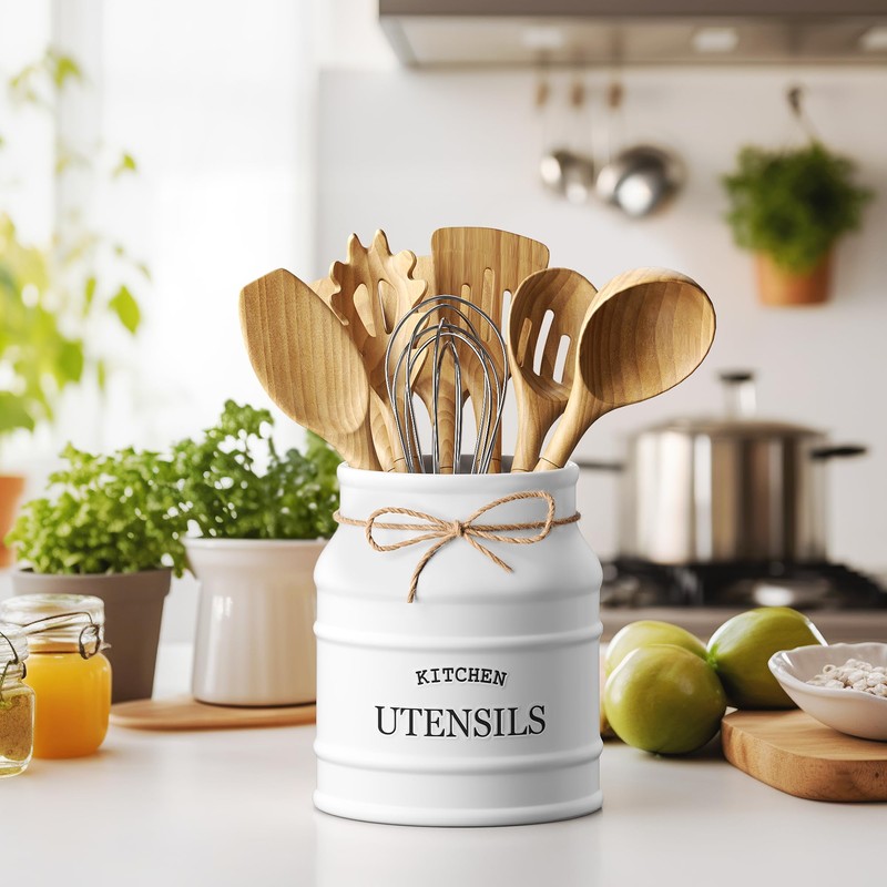 Barnyard Designs Ceramic Farmhouse Utensil Holder for Kitchen Counter, Large