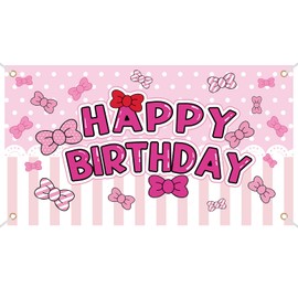 SAVITA Birthday Background with Pink Cartoon Style, Cute Bow Happy Birthday Banner Background, Cute Party Gifts and Decoration Accessories for Kids Girls with Anime Motifs