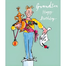Woodmansterne Grandson Birthday Card - Happy Birthday Card for Men or Boys with Quentin Blake Trophy Champion Illustrated Design