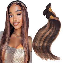 Piano Color P4/30 Straight Bundles Human Hair Highlight Two Tone Dark Brown and Light Brown Bundles Double Weft Brazilian Human Hair Extensions 08/10/12 Inch for Black Women