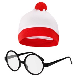Red White Bobble Hat Glasses Fancy Dress World Book Day (Hat & Glasses)