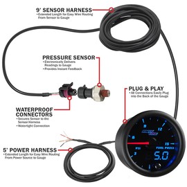 MaxTow Double Vision 15 PSI Fuel Pressure Gauge Kit - Includes Electronic Sensor - Black Gauge Face - Blue LED Illuminated Dial - Analog & Digital Readouts - 2-1/16" 52mm