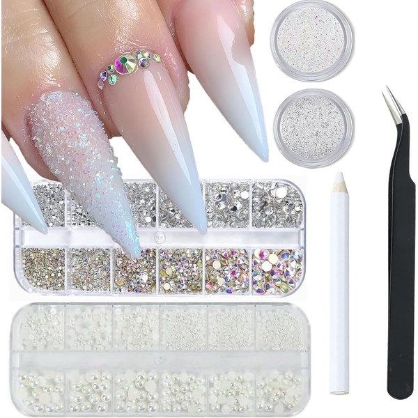 4 Boxes Flatback Rhinestones and Pearls Nail Charms for Acrylics