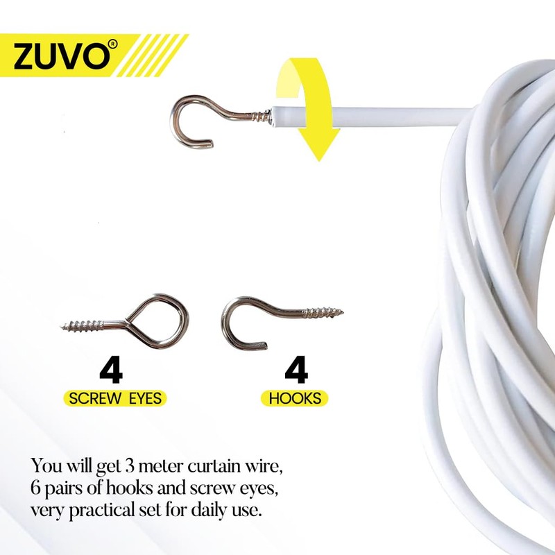 Zuvo Curtain Wire with Hooks and Eyes - Extra Strong