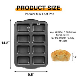 HONGBAKE Mini Loaf Baking Pans, Nonstick Small Cornbread Pan, Tiny Banana Bread Pan, Heavy Duty Carbon Steel Brownie Pan, 8-Cavity, Dark Grey