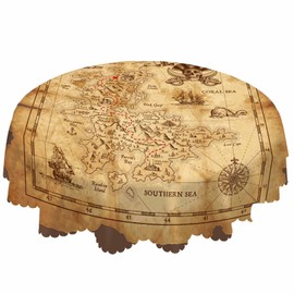 AOYEGO Treasure Map Brown Table Cloth Pirate Ship Sailing Adventure Sea Monster Island Round Tablecloth 60 Inch for Dining Room, Party, Banquet