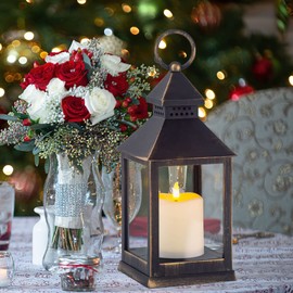 Yongmao Vintage Golden Brushed Black Lantern Decorative LED Flickering Flameless Candle with Timer, Battery Powered LED Decorative Hanging Lanterns for Indoor Outdoor Garden Yard Home Decor(2 Pack)