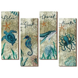 4 Pieces Beach Bathroom Decor Wall Sign Art Ocean Decor Sea Turtle Wall Art Nautical Bathroom Pictures Coastal Octopus Wood Sign Bedroom Art Teal Bathroom Accessories Kitchen Home Decorations (Ocean)