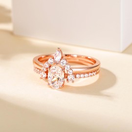 TIGRADE 1.5CT Bridal Ring Sets Oval Cut Cubic Zirconia Wedding Band Curved CZ Engagement Stackable Rings for Women Size 4-11, Rose Gold, Size 10.5